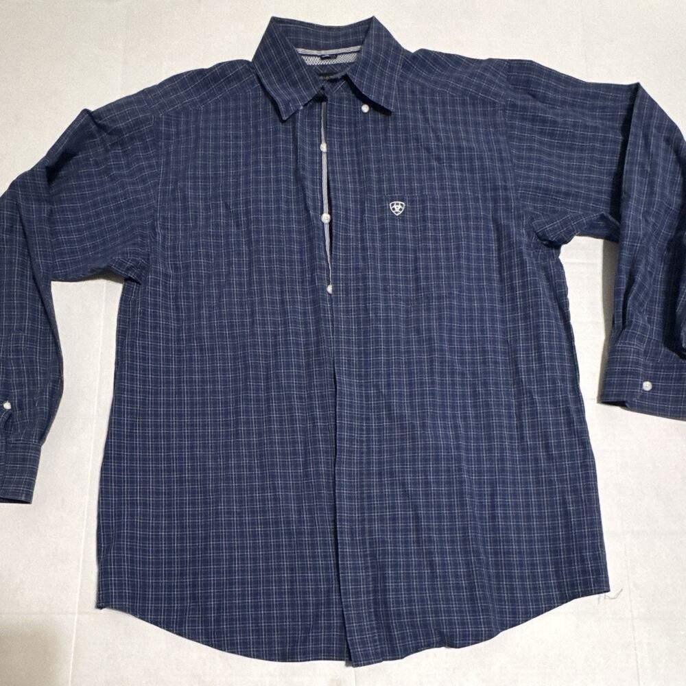 Ariat Pro Series Men's M Blue Plaid Cotton Woven Western Button-Up Shirt Pockets